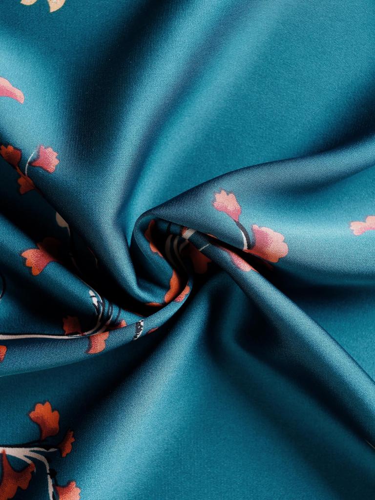 Cheibear Silk Pajama Short Sleeve Top and Long Floral Bright Size L Women's Set, Pants, Satin, Blue,