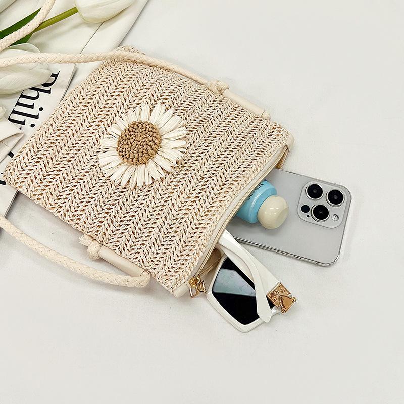 Casual Simple Woven Flower Straw Mini Shoulder Phone Bag For Women Students