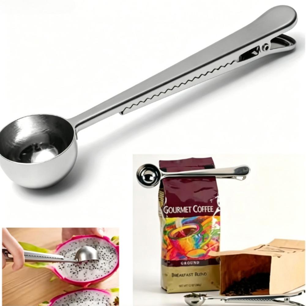 2-in-1 Multifunction Stainless Steel Coffee Scoop with Clip Coffee Tea Measuring Scoop 1Cup Ground Coffee Measuring Scoop Spoons