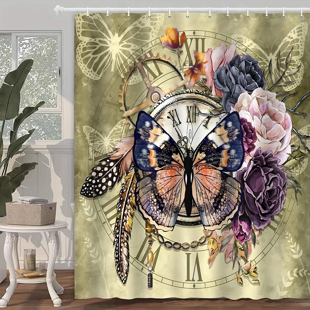 1Pc Butterfly Shower Curtain, Vintage Flower Butterfly Shower Curtain, Vintage Floral Art Style Bathroom Curtain Decoration Set