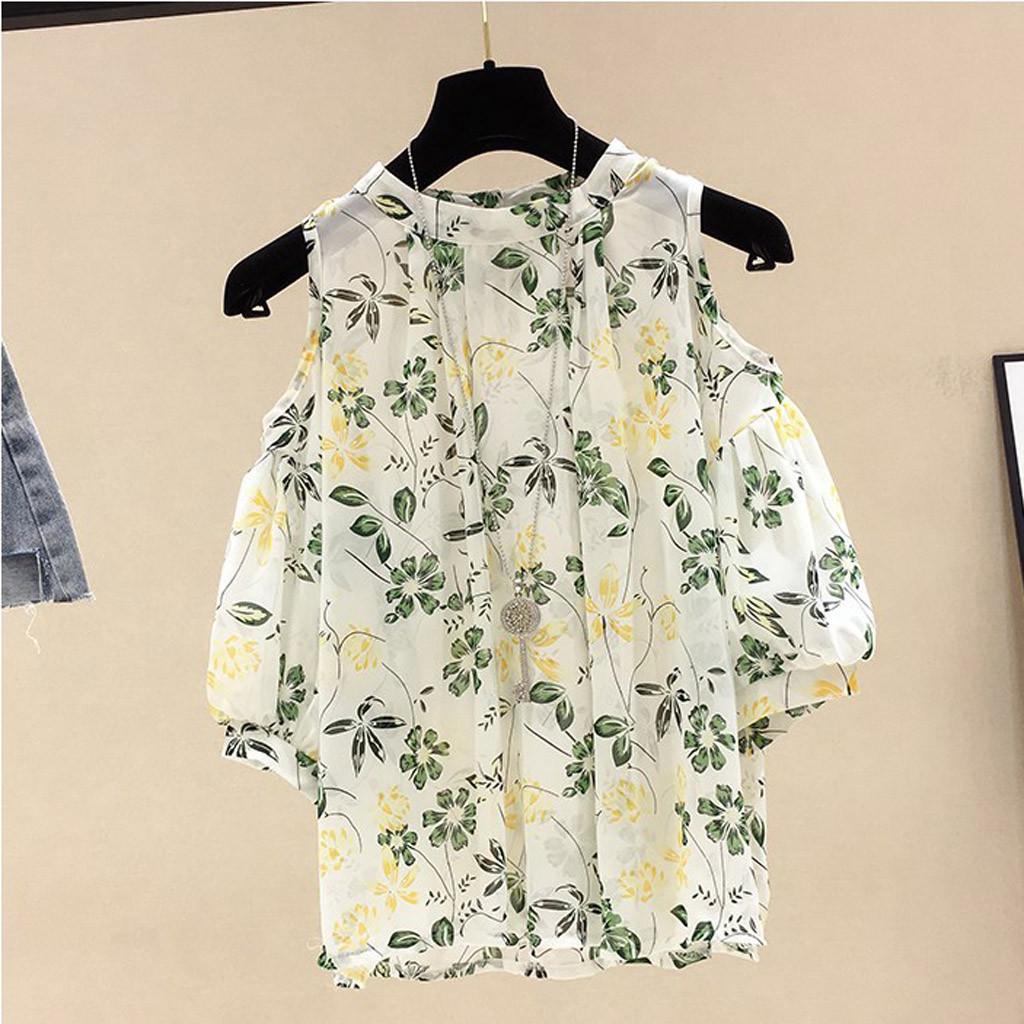 Fashion Women  Printed Short Sleeve Cold Shoulder Appliques Loose Tops