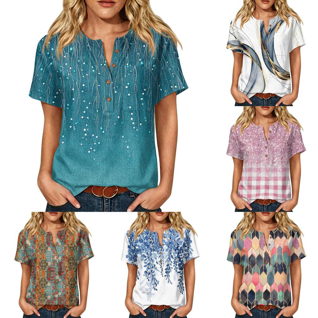 Women Floral Print Henley Neck Short Sleeve Cotton Linen Shirt with Front Pocket and Button Loose Fit Top