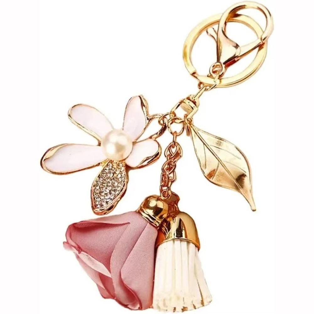 Trendy Elegant Flower Keychains Cloth Flower Chiffon Tassel Car Keychains Portable Bag Pendants Women's Gift Accessories