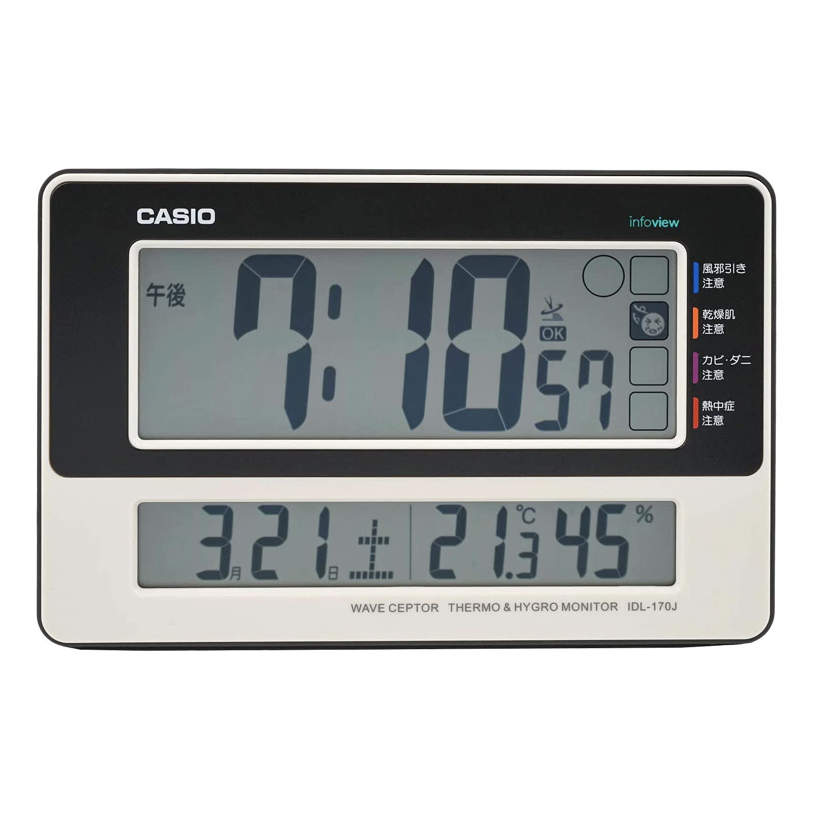 CASIO IDL-170J-7JF White Digital Radio-Controlled Table Clock with Temperature, Humidity, and Calendar Display, Wall or Tabletop Use