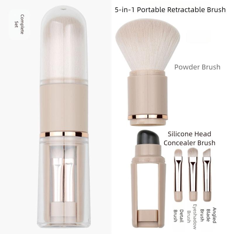 5-in-1 Portable Travel Lip Brush Eyeshadow Foundation Blending Powder Brush Mini Facial Cosmetic Travel Makeup Brushes Set Travel Size