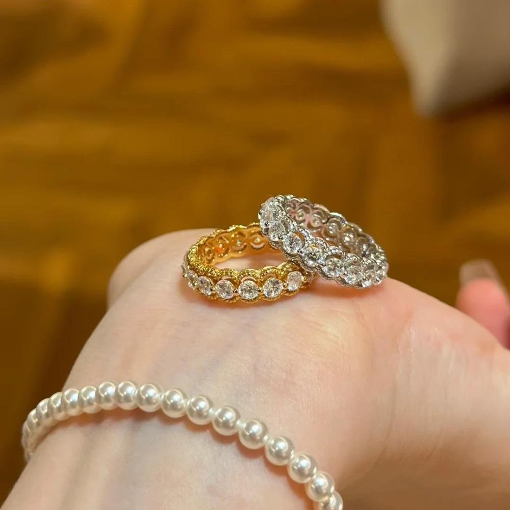 Vintage Style Open Ring Women Gold Plated Hollow Out Lace Round Diamond Stackable Minimalist Jewelry