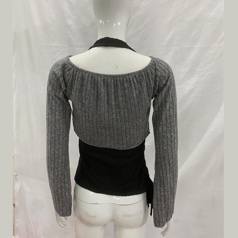 European and American women's long sleeved contrasting color two piece Y2K hanging neck knitted slim fit top