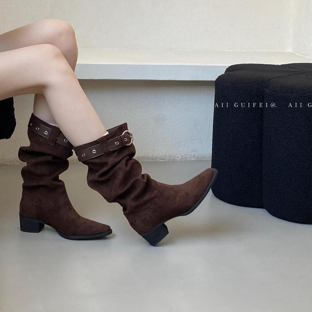 Large tube circumference boots for women in the autumn and winter of 2025, new Spice Girls, but knee long boots, square head thick heel, brown pile