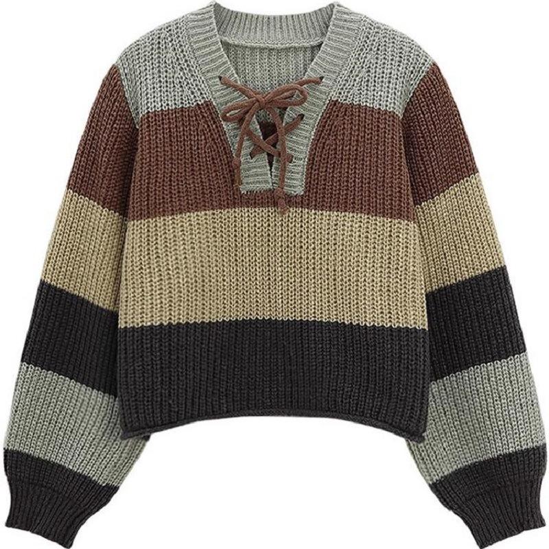 

Универсальный ретро полосатый свитер с V-образным вырезом, короткий женский свободный нишевый контрастного цвета, высококачественный вязаный свитер на шнуровке 49-42 (average size)