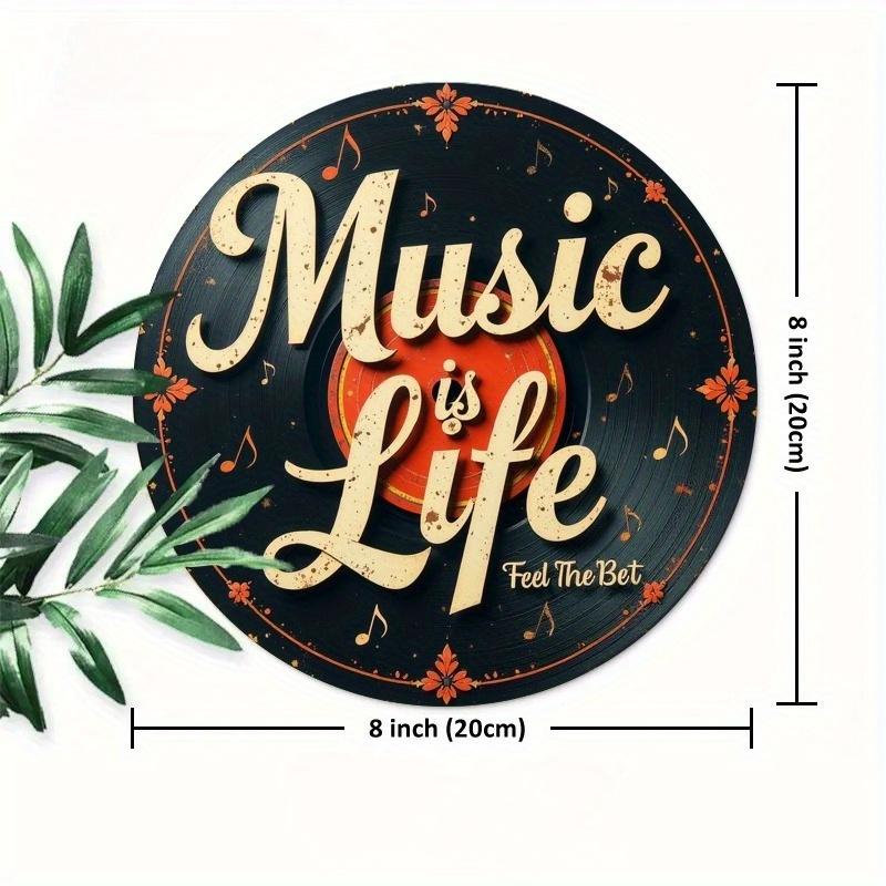 

2d Flat 20*20cm, Retro Music Themed Wooden Wall Sign, with music Is Life Introduction, Vinyl Record and Note Design, for Home, Cafe, Office Decor. 20*20cm
