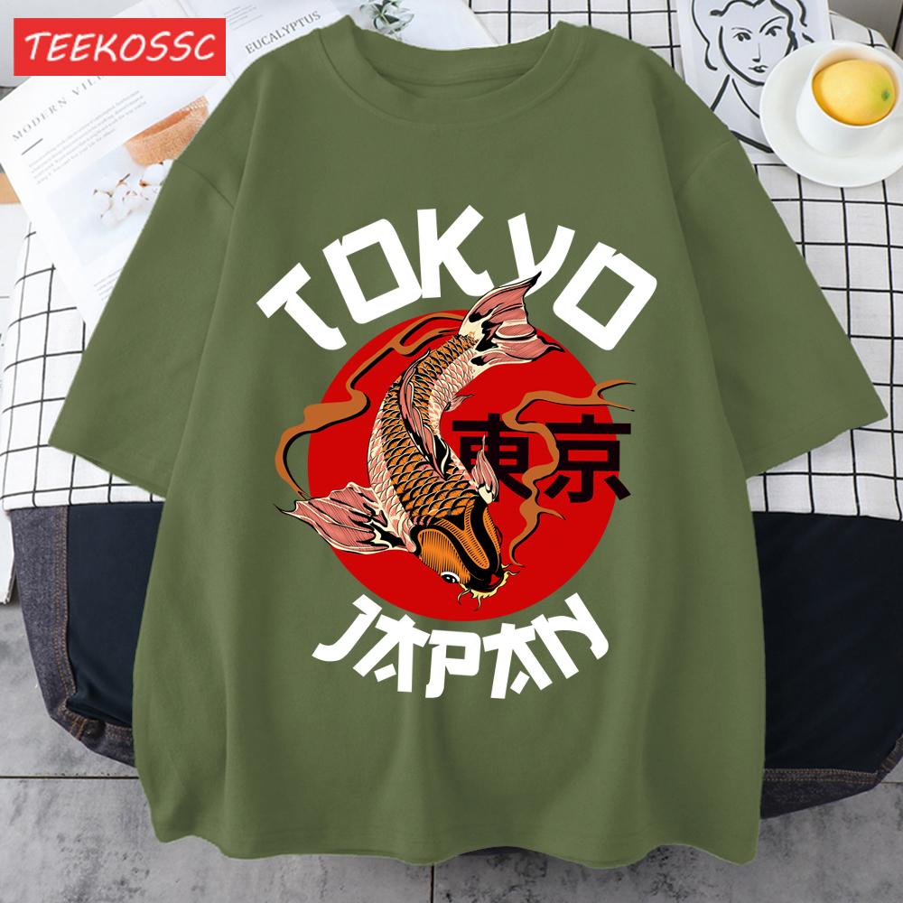 Harajuku Tokyo Japan Koi Fish Print Men T Shirts Hip Hop ONeck TShirt Soft Cotton Male Sportswear Casual Comfortable Clothes