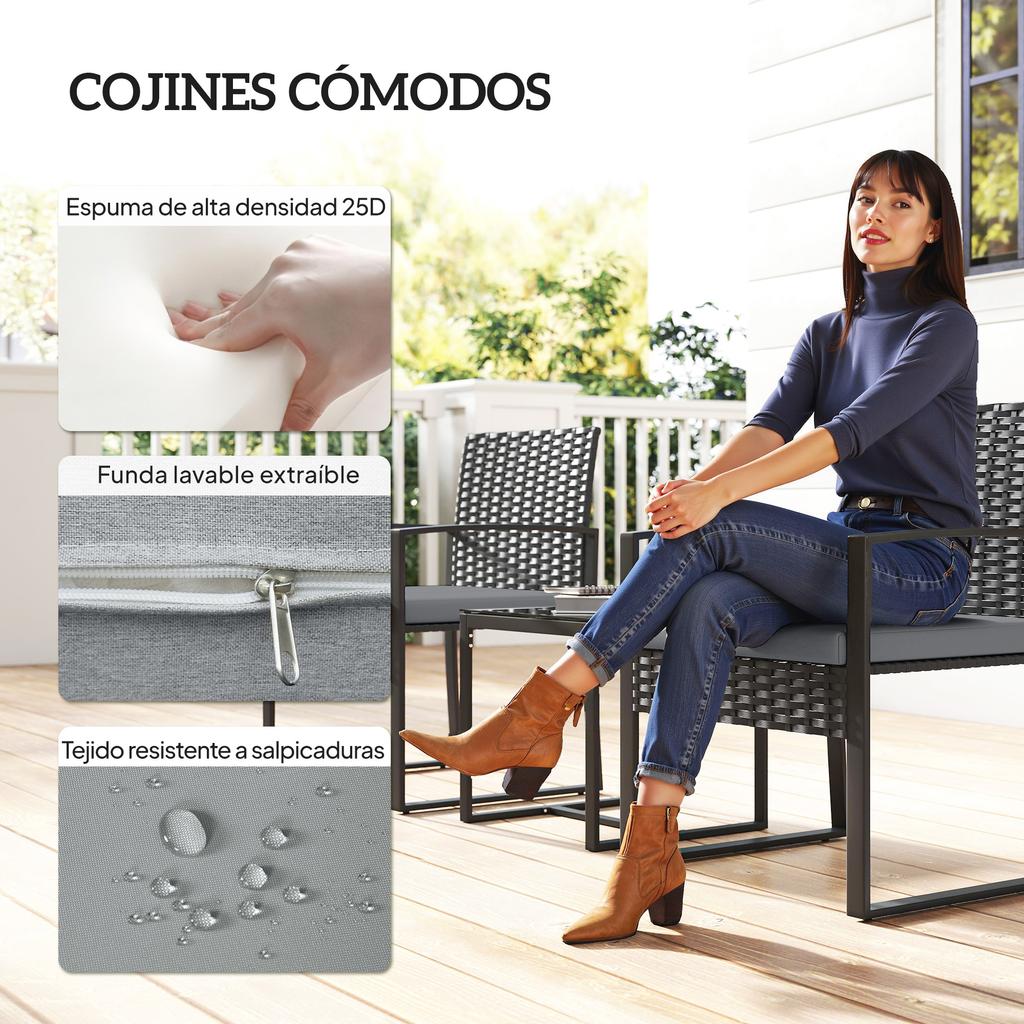 Synthetic Rattan Garden Furniture Set With 2 Chairs With Removable Cushions And Table With Gray Glass Top