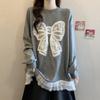 Plus Size Crocheted Lace Round Neck Slimming Long Sleeve Women's Autumn/Winter Bow Loose Mid-Length Top
