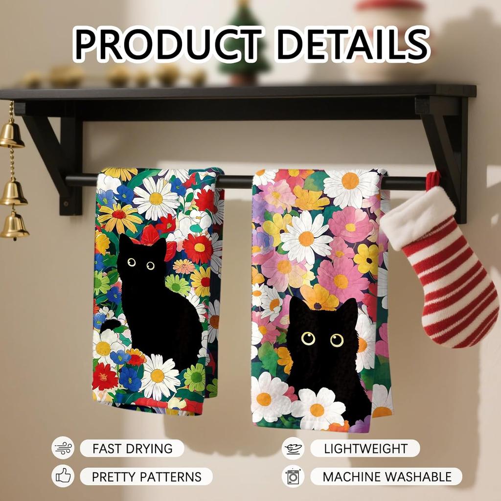 Black Cat Floral Kitchen Towels - Set of 2 Flower Cat Dish Towel for Kitchen Drying, Soft Absorbent Cute Dish Towels Cats Spring, Black Cats Flower