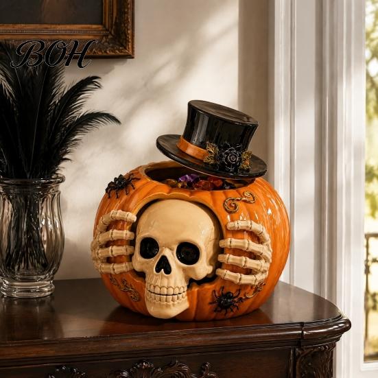 Decorative Skull Storage Jar Halloween Pumpkin Candy with Top Hat Lid, Resin Dark Gothic Home Decor Container, Desktop Organizer for & Party