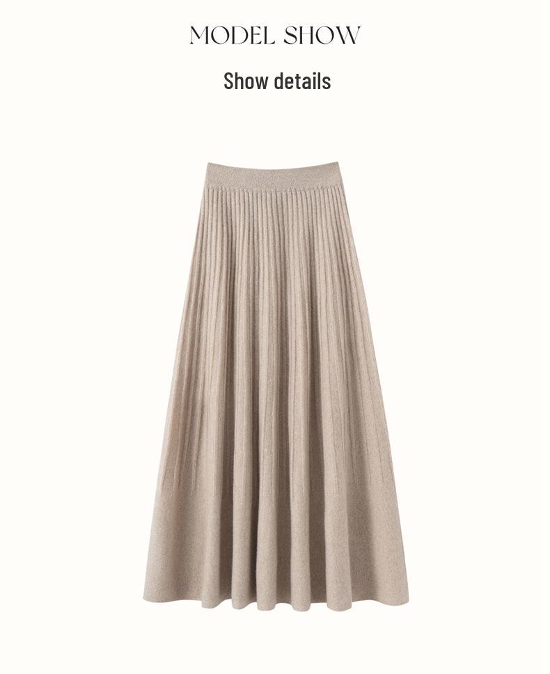 2025 Autumn/Winter Women's High-Waisted Knitted Cashmere A-Line Skirt with Slimming Flared Pleats
