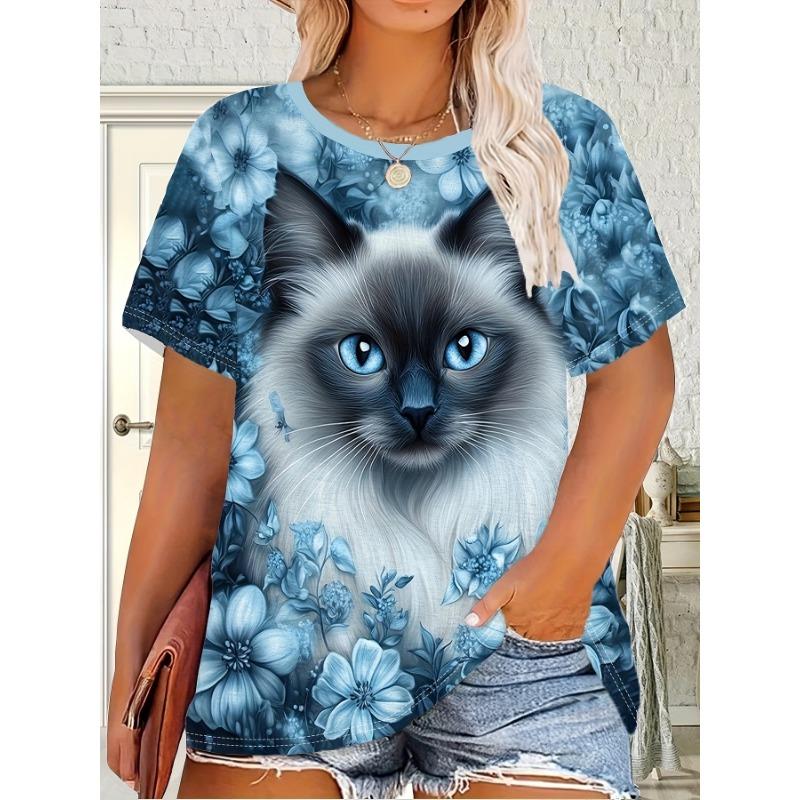 

Women s large-sized cat print and floral pattern round-neck T-shirt for casual summer short-sleeved top XL
