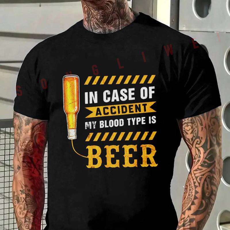 Beer Bottle Graphic & In Case Of Accident My Blood Type Is Beer Slogan Moto T-Shirt Men Unisex