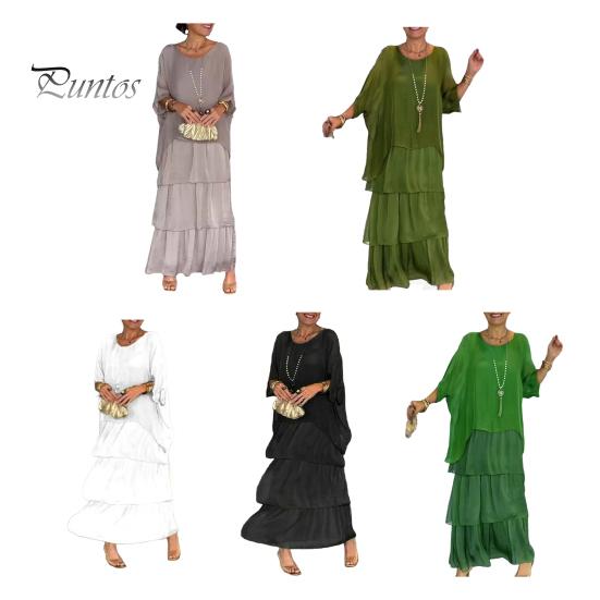 Evenig Dress Layered Scattered Cake Hem Half Sleeves Maxi Dress Bat Sleeves Baggy Round Neck Chiffon Dress for Party Prom