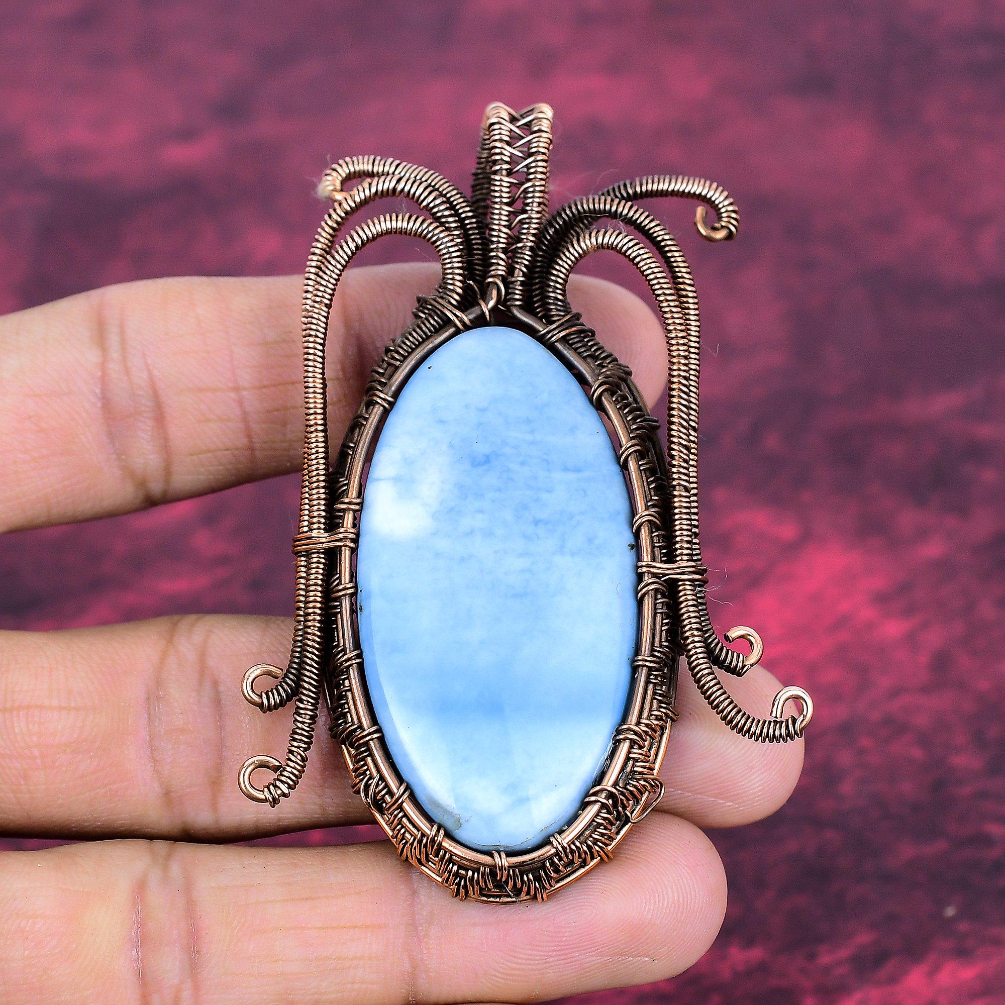 Owyhee Blue Opal Pendant Handmade Pendant Copper Wire Wrapped Gemstone Jewelry