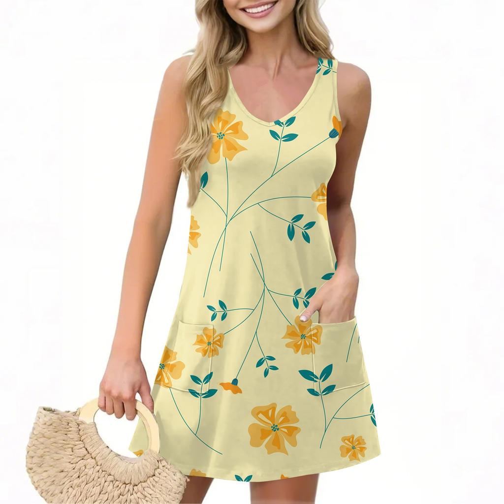 Women's Casual Summer Vest Dress With Pockets Floral Print V Neck Sleeveless Dress