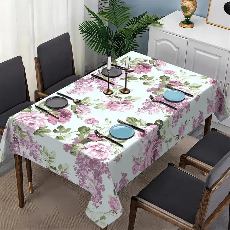 1pc Elegant Pink & Green Rose Floral Tablecloth with White Borders - Large Rectangular 60x86 Inch (120x174cm) Pink Roses Green Foliage Table Cover, Wr