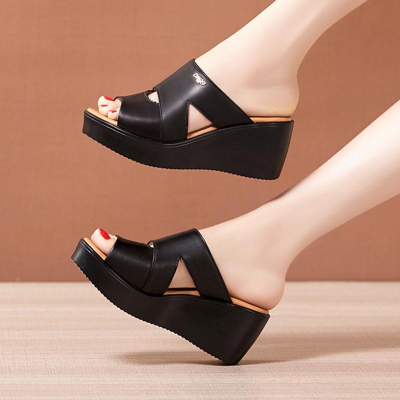 Leather Slippers Women Thick Soled Platform High Slope Heel Slippers Female Korean One-word Slippers Summer