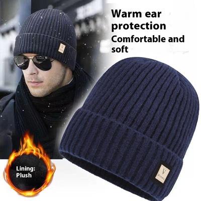 Herren Winter Verdicken Warm Fleece Gefüttert Gestrickte Wollmütze Mode Alle Match Koreanischen Stil Einfarbig Beanie