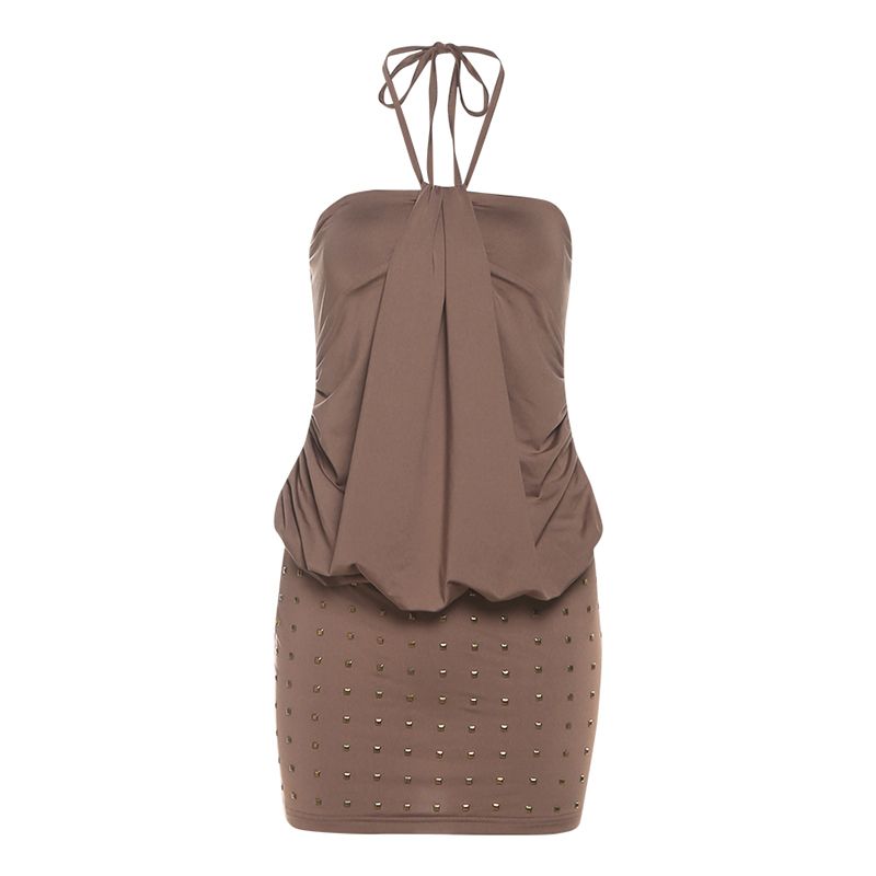 

# Sisjuly# Hong Kong-Style Maillard Heavy Industry Rivet Design Stacking Drape Halter Sling Dress Women Summer Brown L