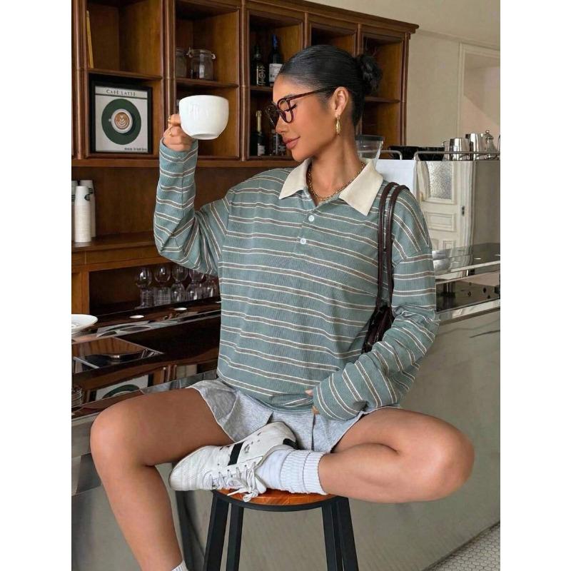 Womens Striped Button Polo Collar Long Sleeve Casual Loose Sweatshirt