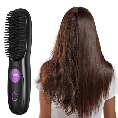 Cordless Hair Straightener Brush with 3 Temperature Settings Portable Mini Hair Comb LED Display USB Rechargeable Fast Heating Electric Hot Brush