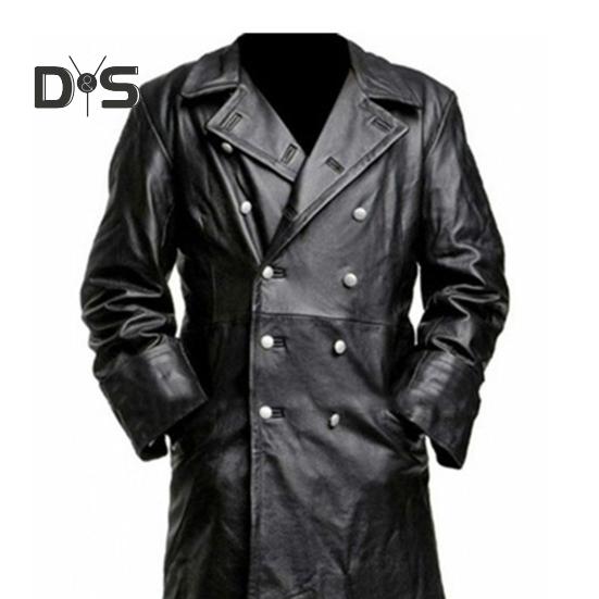 Men Jacket Lapel Long Sleeve Double Breasted Faux Leather Jacket with Pockets Solid Color Mid-length Outerwear