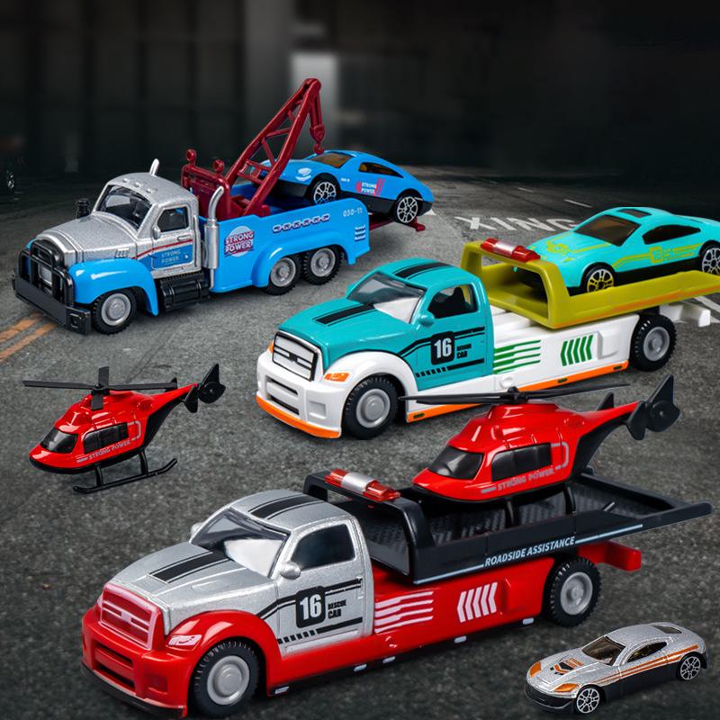 Alloy Trailer Toys Simulation City Road Rescue Vehicle Toy Children Boy Trailer Truck Helicopter Sports Car Model Inertial Drive