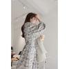 Fashionable Ink Painting Bubble Sleeve Maxi Dress for Women Spring