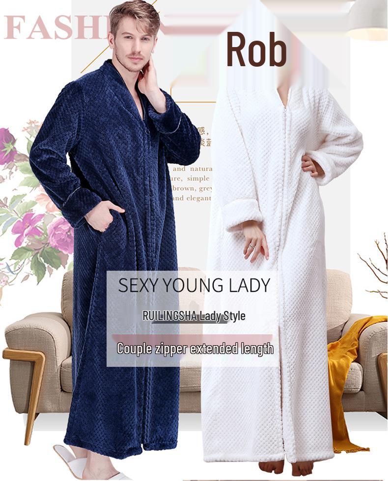 Thickened Flannel Robe: Warm Coral Fleece Bathrobe for Couples - Men's & Women's Plus Size Zipper Nightgown