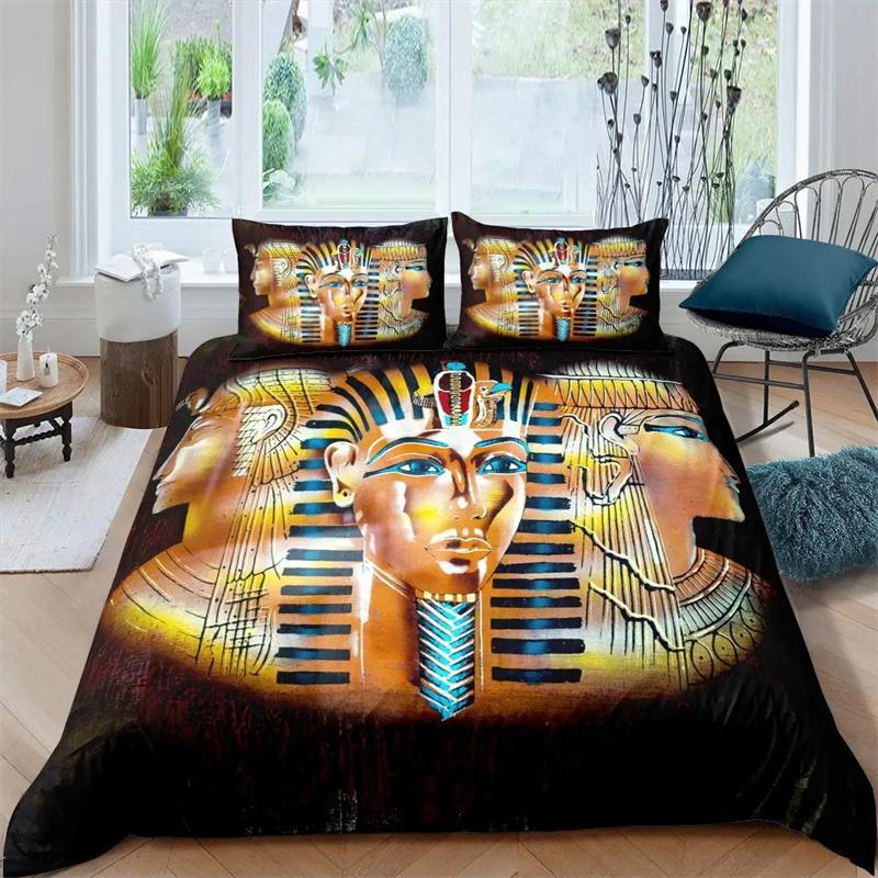 Ancient Egypt King Queen Duvet Cover Egyptian Symbol Bedding Collection Pharaoh Pyramid Boho Comforter Cover Soft Polyester Quilt Cover