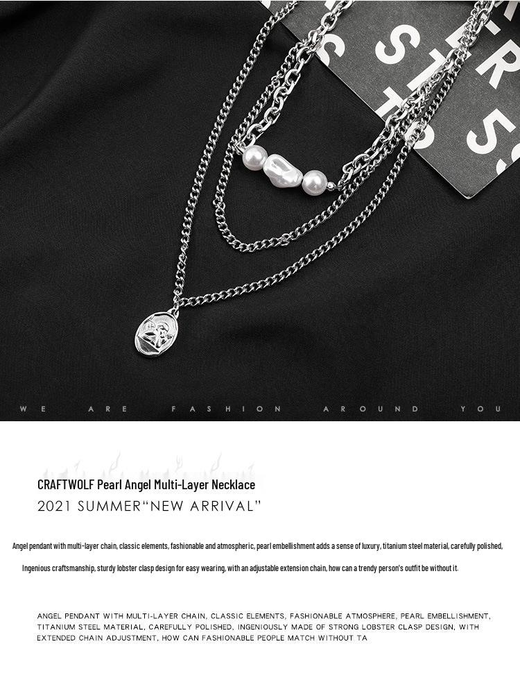 Trendy Titanium Steel Angel Pendant Necklace: Double Layer with Stainless Steel and Pearl for Men & Women
