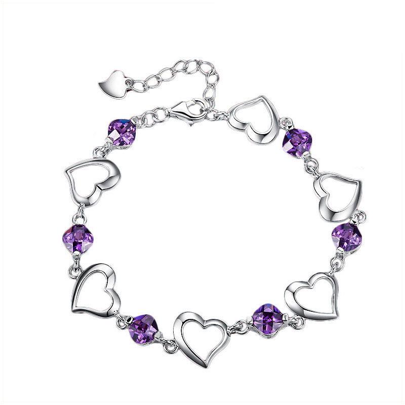 Heart-to-Heart Amethyst Zircon Couple Bracelets - Romantic Heart-Shaped Accessories