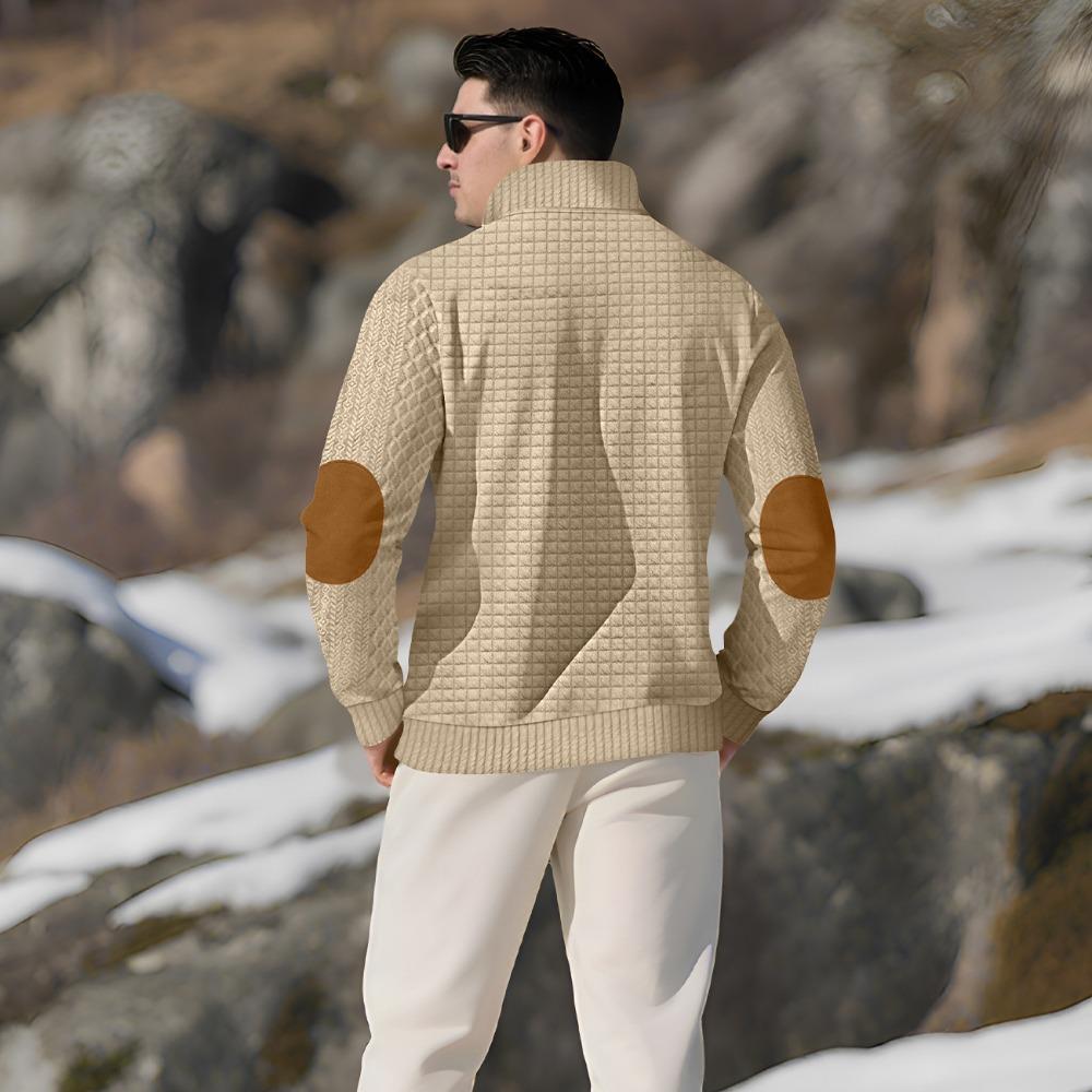 Autumn and Winter Men's New Square Grid Men's Stand Up Collar Single Breasted Casual Long Sleeved Sweatshirt