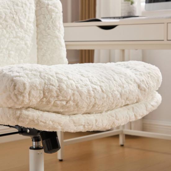 Silla de Manicura 26.4 Pulgadas Asiento Silla de Oficina Pelo de Conejo Artificial Hogar con Base Giratoria de Metal Escritorio Vanity Ajustable (Crema)