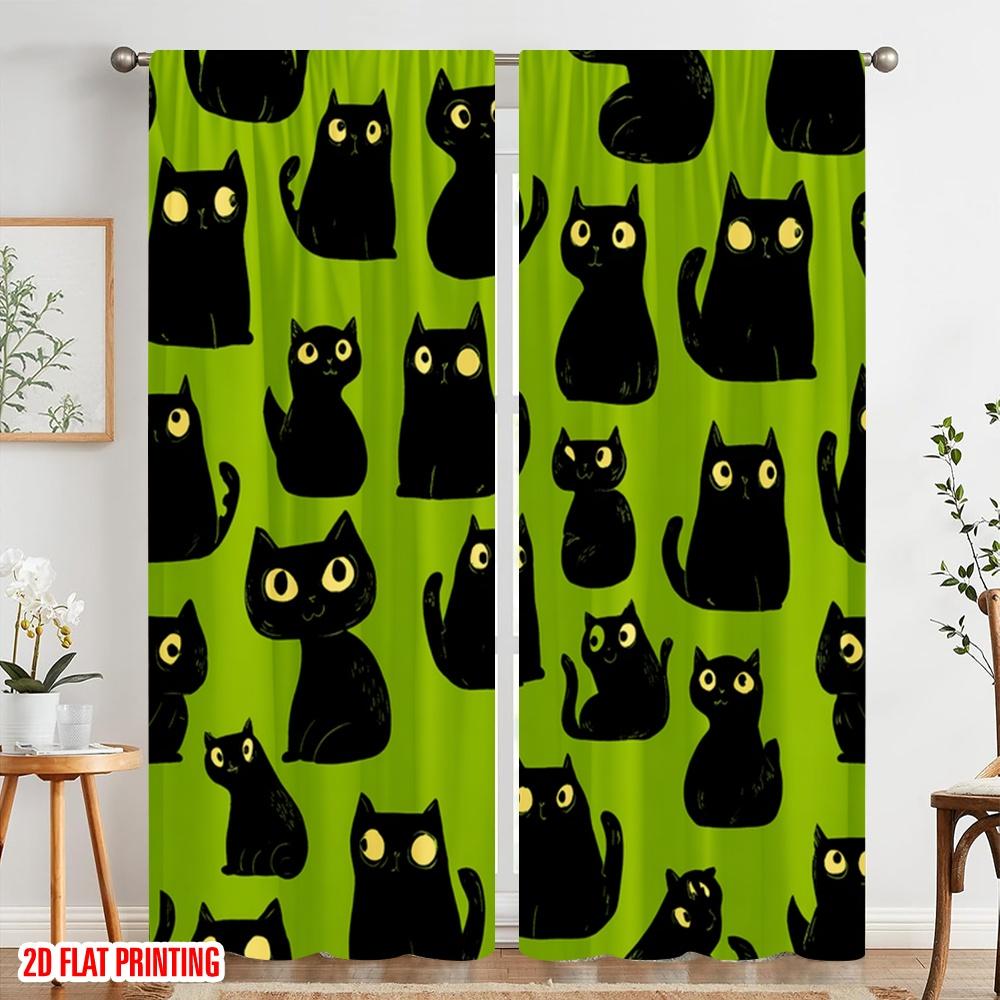 2pcs,2D Plane Printing Curtain Popular Black Cats On Green Durable 100% Polyester Fabric (without Rod) Decorations Inside for