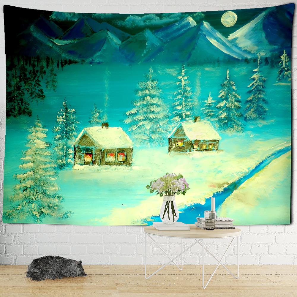 

Рождественская снежная ночь, карта путешествий, гобелен, настенный психоделический лесной дом, иллюстрация, домашний декор для гостиной 400x220cm