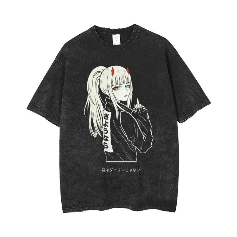 Zero Two Washed T-Shirt Oversized Unisex Couples Washed Retro Top Japanese Anime Product Couples