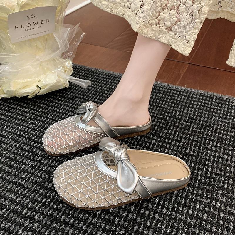 Mesh Woven Bag Head Cool Slippers Women's Summer Wear 2025 New with Skirt Breathable Fashion Bow Half Slippers
