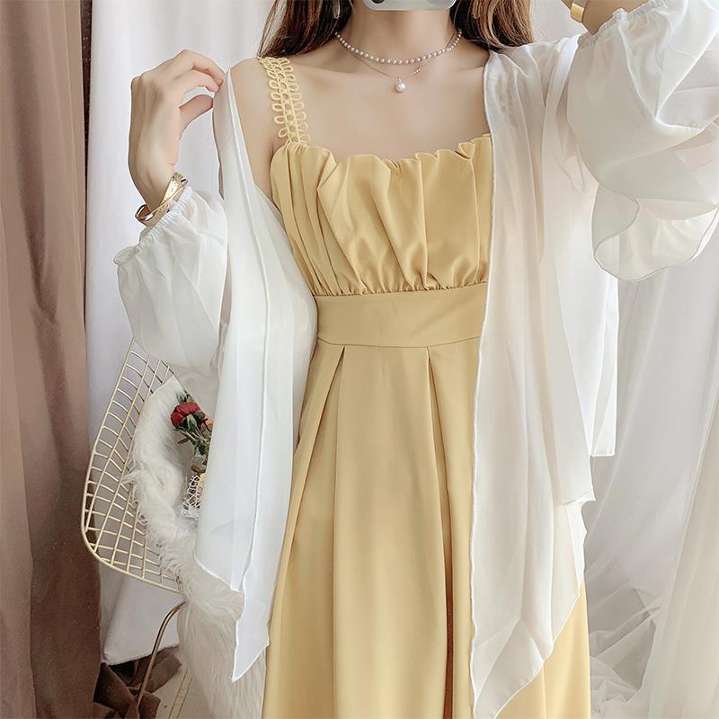 

White Chiffon Long Sleeve Sun Protection Camisole Skirt Dress - Elegant, Age-Reducing Two-Piece Set S (recommended for 80-95 jin)