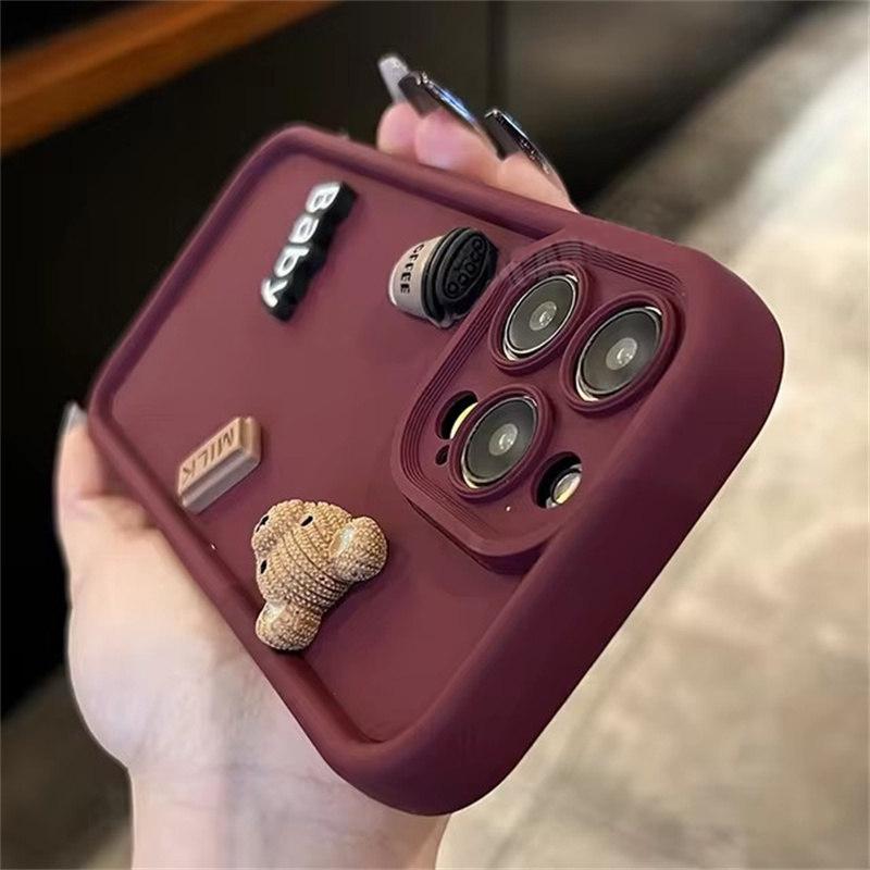 Cute 3D Bear Drinking Coffee Phone Case for iPhone 16 15 14 Pro Max, Soft Matte Silicone Cover Shockproof for iPhone 13 12 11 Pro Plus X XR XS