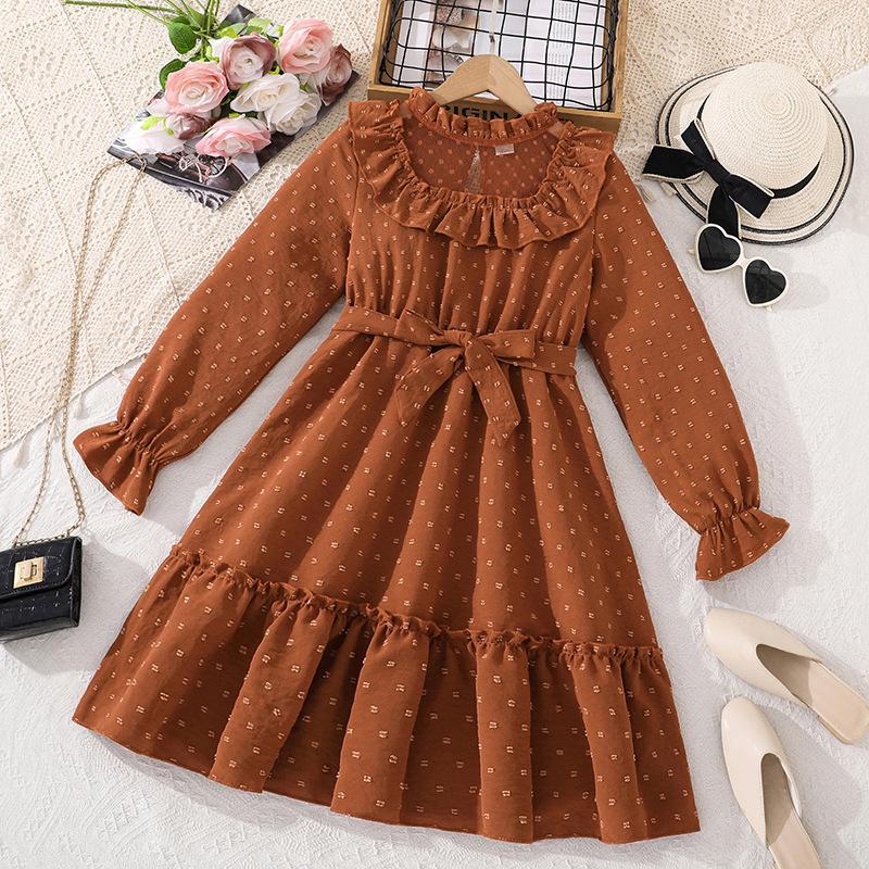 

Милое платье с кружевной вставкой для детей, модное цветочное платье для девочек на весну и лето 170cm=12Y темно-коричневого