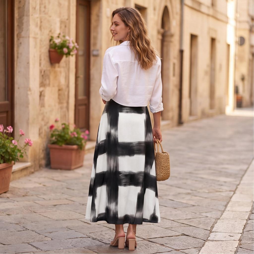Women's Plaid Print Long Skirt A-Line High Waist Maxi Skirt Casual Comfortable Lightweight Fabric Skirt for Daily Wear and Outdoor Activities