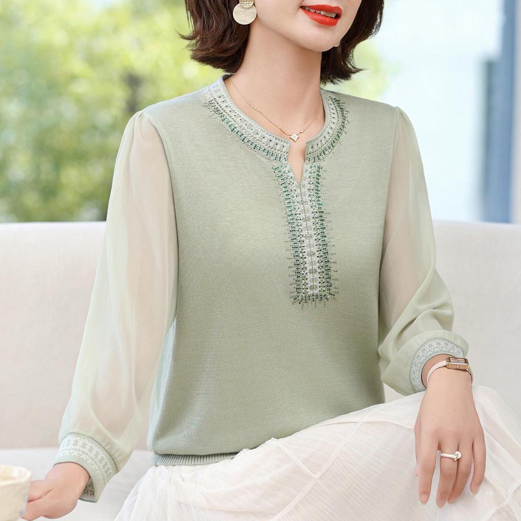 Schickes Herbst-Rundhals-Langarm-T-Shirt für Frauen mittleren Alters & ältere Frauen - Stilvolles Strickoberteil mit Gaze-Ärmeln