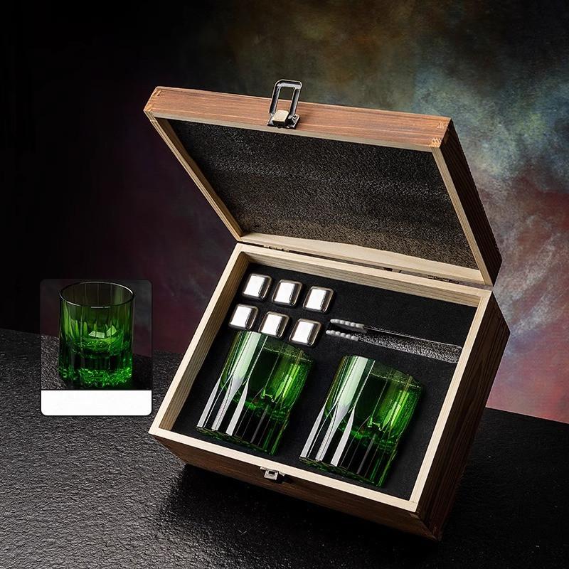 Creative Whiskey Glasses Stone Set Luxurious Wine Gift 2 Pcs Whisky Cups And 6 Pcs Stainless Steel Whiskey Stones In Wooden Box